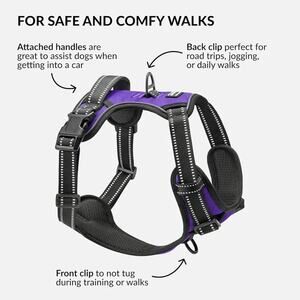 No Pull Reflective Dog Harness with Handle and Front Clip Purple Size XL
